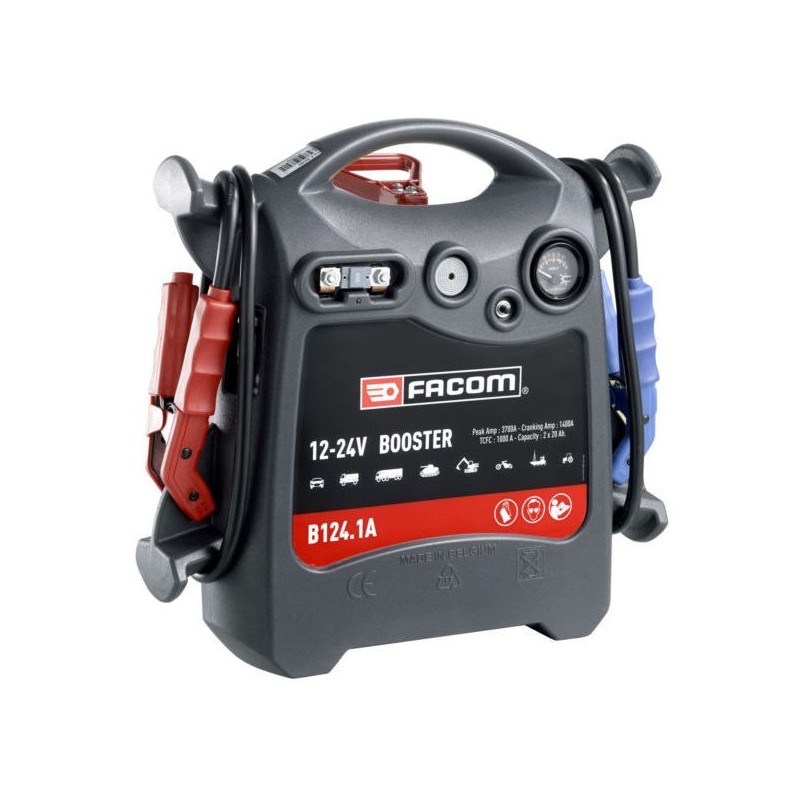 Booster 12-24v 3700pa 14000ca 1000a 12v - 24v booster 12-24v 3700pa 14000ca 1000a engins tp, engins agricoles, poids lourds 1 pièce(s) - facom. Spécial travaux public, agricole, bus, poids lourds > 30T. Poignée rétractable et roues renforcées : manutention facilité. Interrupteur de puissance et alarme anti-inversion : protection des composants électroniques des véhicules. Spécificités : Batterie AGM : résistance aux forts courants garantie. Batteries optimisées pour les démarrages successifs. Fusibles de sécurité : Protection du booster et mise en sécurité de l'utilisateur en cas d'inversion de polarité ou d'utilisation accidentelle sur véhicule 12V. Tension d'utilisation : 24V. Intensité de pointe : 3700 A. Intensité de démarrage : 1450 A. Capacité da le batterie : 2 X 31 Ah. Protection anti arc. Interrupteur de puissance. Alarme anti inversion. Fusible de puissance. Longueur des câbles : 2 X 1,65 m. Livré avec son chargeur automatique rapide.
