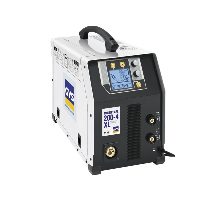 Poste à souder multipearl 200-4xl monophasé 230v 10-200a mig/mag 25.5 kg poste à souder multipearl 200-4xl 200a à 20% 1 pack(s) de 3 pièce(s) - gys. Poste à souder MULTIPEARL 200-4 XL est un appareil multiprocédé monophasé synergique. 3 en 1, ce MIGMAG peut aussi effectuer des travaux en MMA et TIG avec tout le confort des technologies de dernière génération. Livré avec une torche acier MIG 150A (3m), un câble de masse (2,50 m), un porte-électrode (2m). Spécificités : Courant de soudage de 20 à 200A en MIG/MAG et 10 à 200A en TIG et MMA. Pour fil acier de Ø 0.6 à 1.0 mm et fil alu de Ø 0.8 à 1.0 mm. Mode synergique en mode MIG/MAG (10 synergies enregistrées). Dévidoir intégré 4 galets (pour bobine Ø 200 et 300 mm). Amorçage TIG LIFT. Aides au soudage en mode MMA (Hotstart & Arc force réglable). Interface ergonomique et intuitive. Alimentation monophasée 110V/230V - 16A (technologies PFC & FV). Points forts : Polyvalent. Application : Soudage acier Inox et aluminium et brasage.