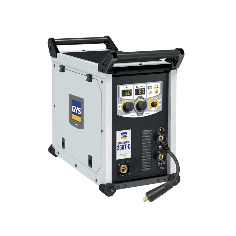 Poste multiweld 250 t-c pack triphasé 400v mig/mag 32 kg poste multiweld 250 t-c pack 130a à 100% 40-250a 1 pièce(s) - gys. Générateur compact triphasé. Procédés MIG/MAG, fil fourré et MMA. Afficheurs digitaux : réglages simples et précis. Réglages MIG/MAG optimisés. Dévidoir intégré : bobines fils compatibles Ø 200 / 300 mm. Motodévidoir 2 galets, puissant. Raccord torche européen. Préchauffage gaz CO2 pur. Spécificités : Facteur de marche à 40° 170 A à 60%. Soudage MIG/MAG : Fil acier : Ø 0.6 à 1.2 mm. Fil acier inoxydable : Ø 0.9 à 1.2 mm. Fil aluminium : Ø 0.8 et 1.0 mm. Fil fourré (inversion de polarité) : Ø 0.9 à 1.2 mm. Soudage MMA : Électrodes basiques et rutiles (jusqu'au Ø 5 mm). Points forts : Robuste. Application : Convient parfaitement pour le soudage en atelier et le dépannage rapide sur chantier.