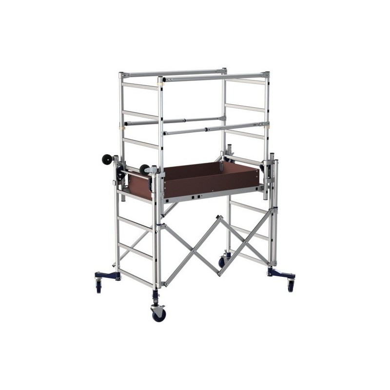 Echafaudage nano tower echafaudage nano tower + kit de transport roulant 1 pièce(s) - tubesca-comabi. Il se monte et se démonte en toute sécurité (MDS) et se déplace facilement par une seule personne grâce son extrême légèreté et sa structure en aluminium (33 kg hors plinthes). Avec un seul produit, l'utilisateur peut travailler sur 4 niveaux de plancher (hauteur de travail maxi 3,00 m). Spécificités : Dimensions du produit replié : L 0,65 x l 1,18 x H 1,42 m. Dimensions plancher 1,02 x 0,60 m. Accès par trappe : sécurité aux montées et aux descentes en utilisation 0,75 et 1,00 m plancher. Points forts : Montage en moins de 1 minute sans vis ni outils. Gain de temps : déplacement un 1 seul élément. Agréments, normes et labels : Norme EN 1004. 2004-924.