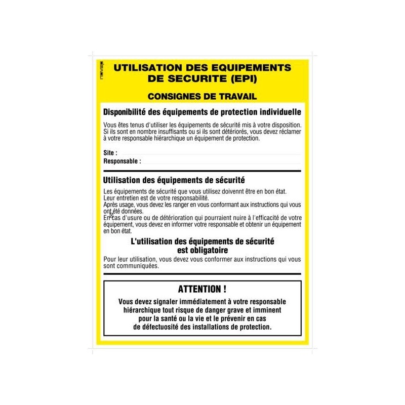 Plaques affichage des consignes légales utilisation des équipements de sécurité epi 1 pièce(s) - nov