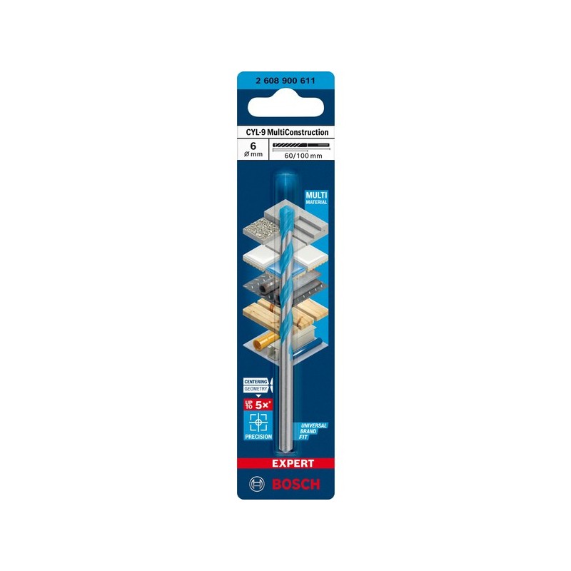 Forets multiconstruction expert cyl -9 60 mm cylindrique béton et matériaux 6 mm 1 pièce(s) foret expert multi-construction cyl-9 6x60x100 - bosch