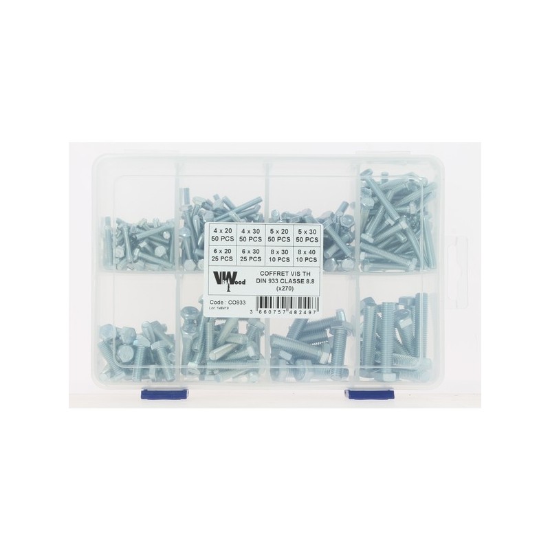 Coffret vis à tête hexagonale th 8.8 din 933 1 coffret(s) de 270 pièce(s) coffret vis à tête hexagon