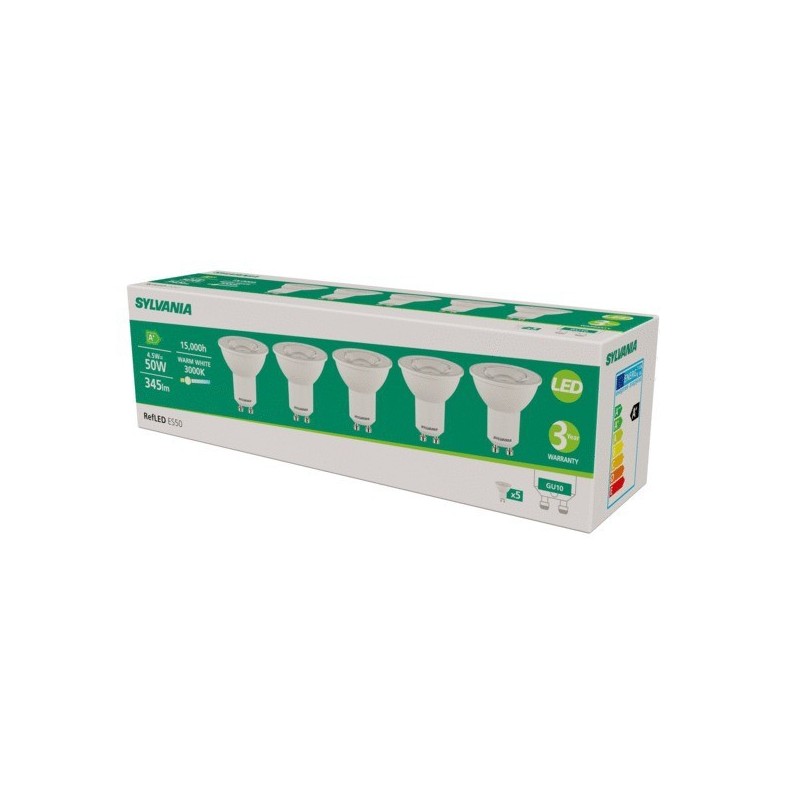 Lots de 5 ampoules gu10 blanc neutre 4000 °k 15000 heure(s) gu10 345 4.2 w 1 boîte(s) de 5 pièce(s) ampoule 4,2w 4000°k 345lm gu10 - sylvania