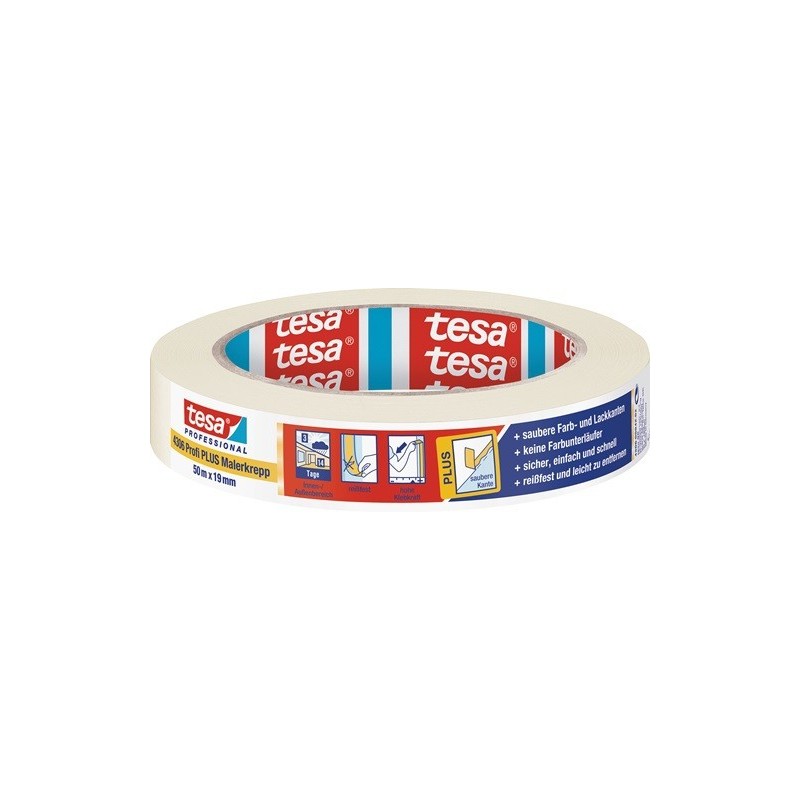 Lot bande de crêpon de peintre 4306 profi plus tesa 1 carton(s) de 16 rouleau(x) bande crêpon peintre 4306 profi plus beige clair l50m l19mm - tesa