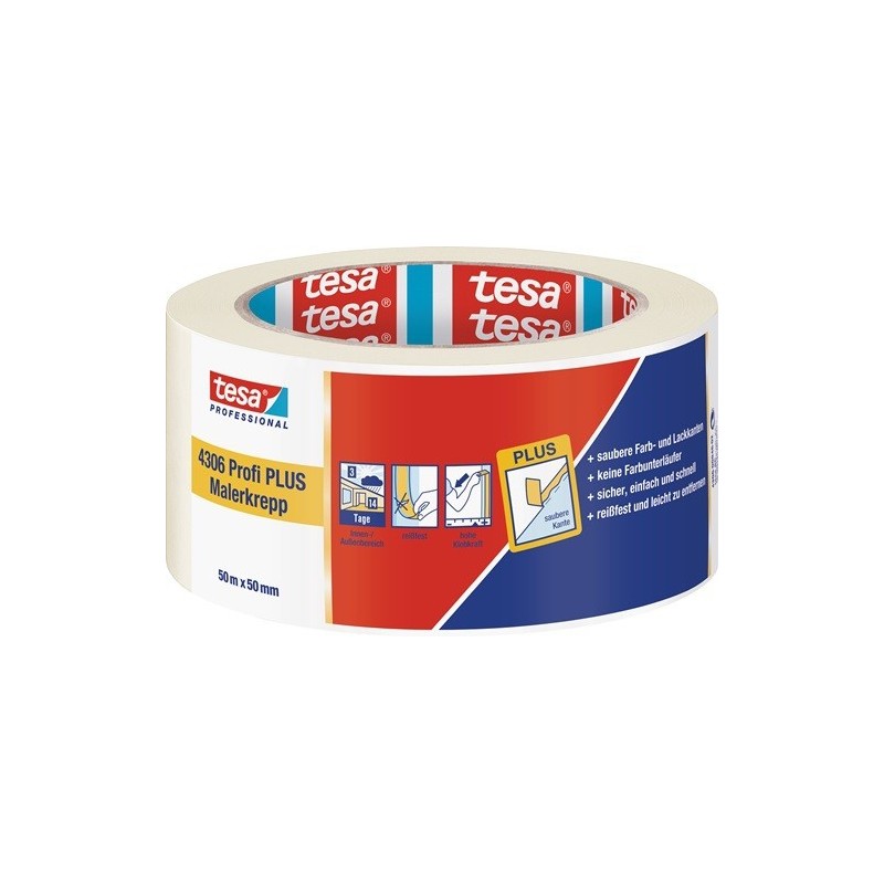 Lot bande de crêpon de peintre 4306 profi plus tesa 1 carton(s) de 6 rouleau(x) bande crêpon peintre 4306 profi plus beige clair l50m l50mm - tesa