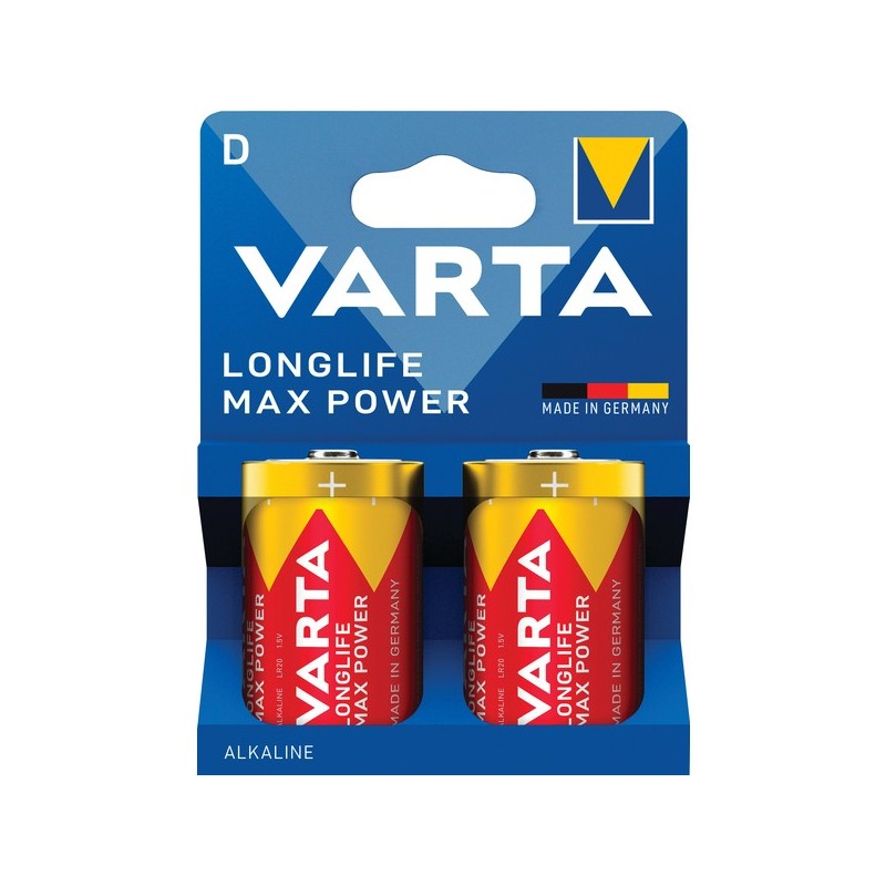 Piles alcaline longlife max power piles alcalines longlife max power lr20 / d lr20 / d alcaline 1 blister(s) de 2 pièce(s) - varta