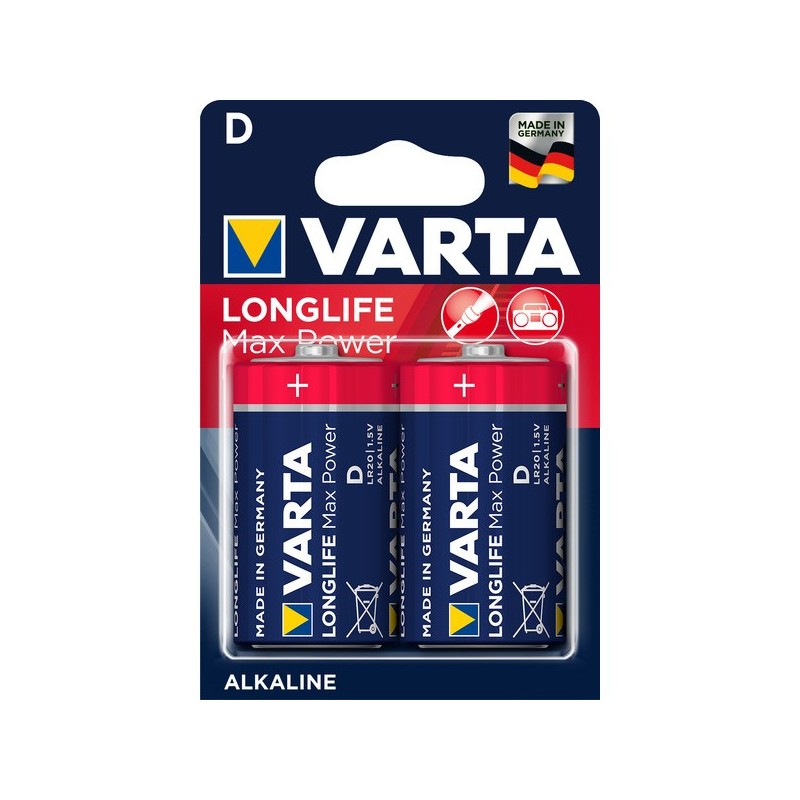 Piles alcaline longlife max power piles alcalines longlife max power lr20 / d lr20 / d alcaline 1 blister(s) de 2 pièce(s) - varta