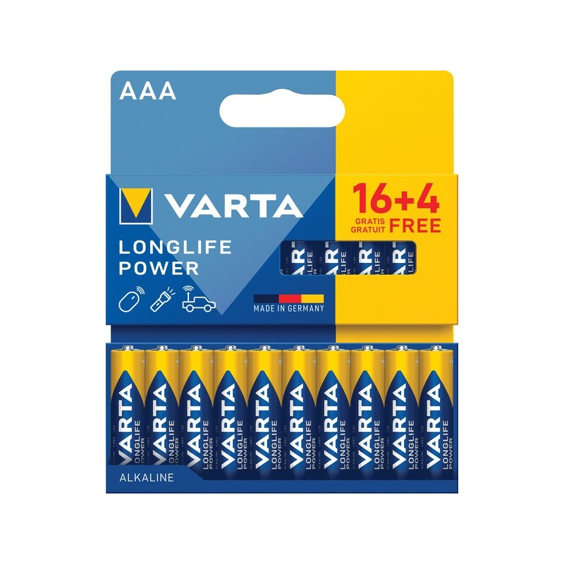 Piles alcaline longlife power lr03 / aaa 1 blister(s) de 20 pièce(s) piles alcalines longlife power lr03 / aaa (16+4) - varta